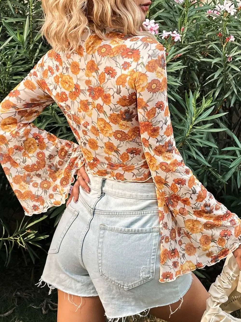 Orange Retro Floral Bell Sleeve Mock Neck Blouse